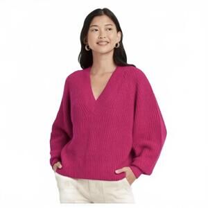 A New Day Women's Pink V-Neck Chunky Knit Sweater Medium